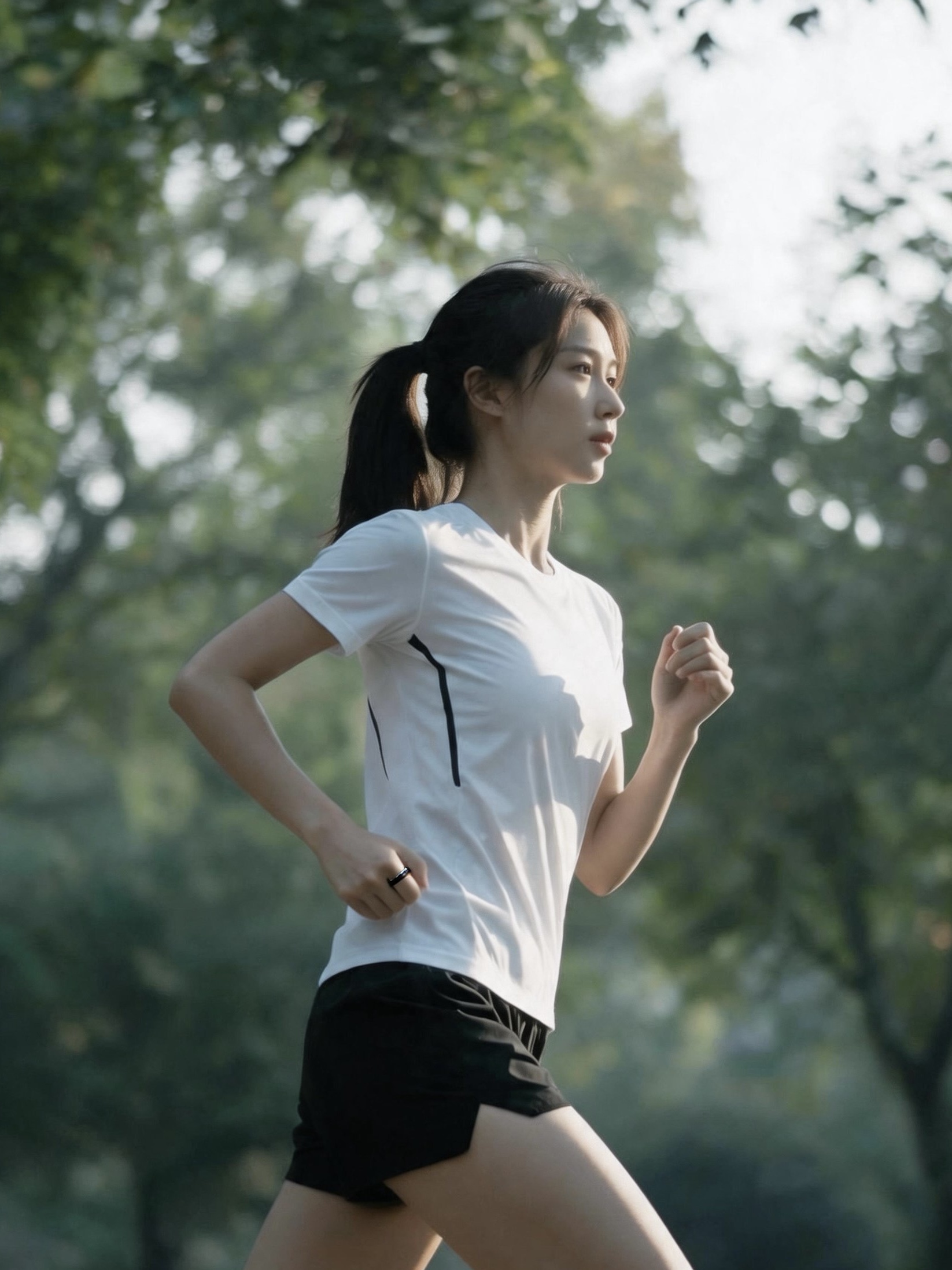 A woman running outdoors wearing the ring